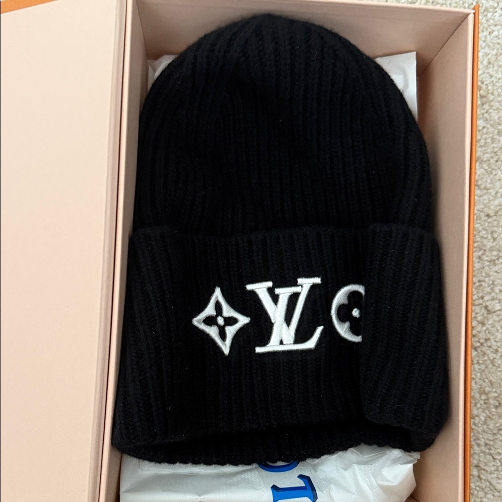 Authentic Louis Vuitton Black and White Logo Beanie